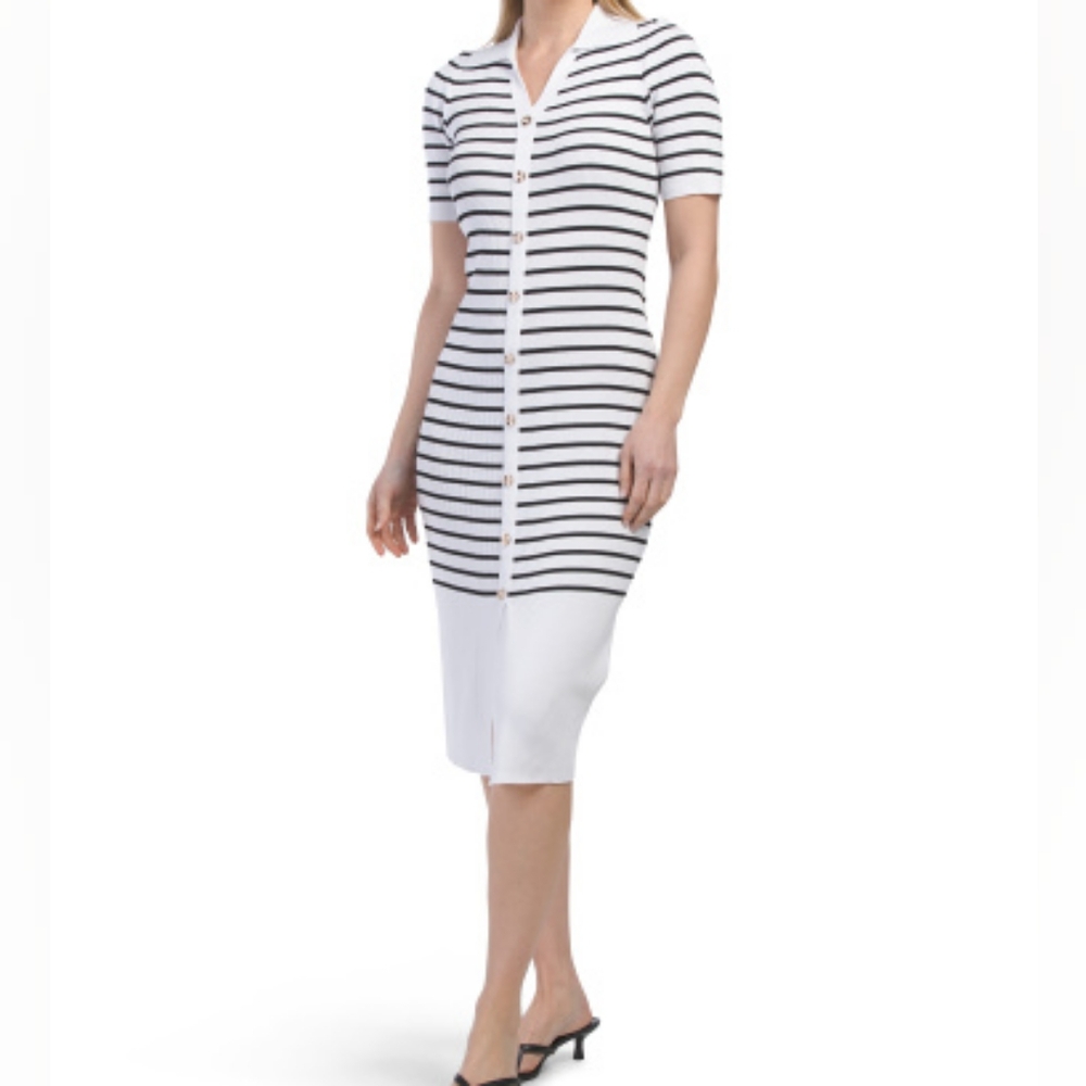 NWT - Nanette Collared White/ Black Striped Ribbed Knit Midi Dress - Size L